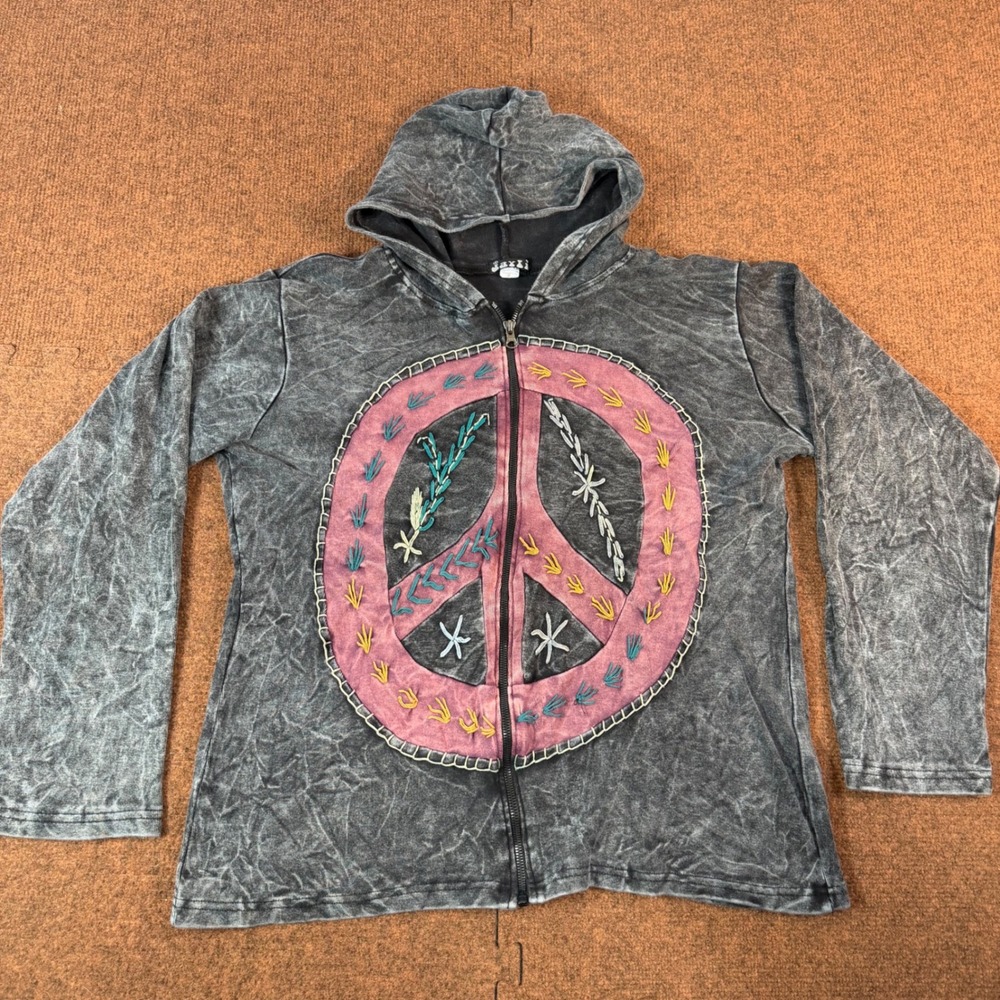 Jazzi Nepal Cotton Peace Sign Embroidered Zip Up Hoodie Mineral Wash Gray L
